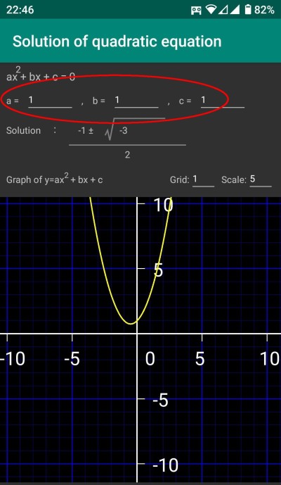 Solution of quadratic equation  and graph, Coefficient input