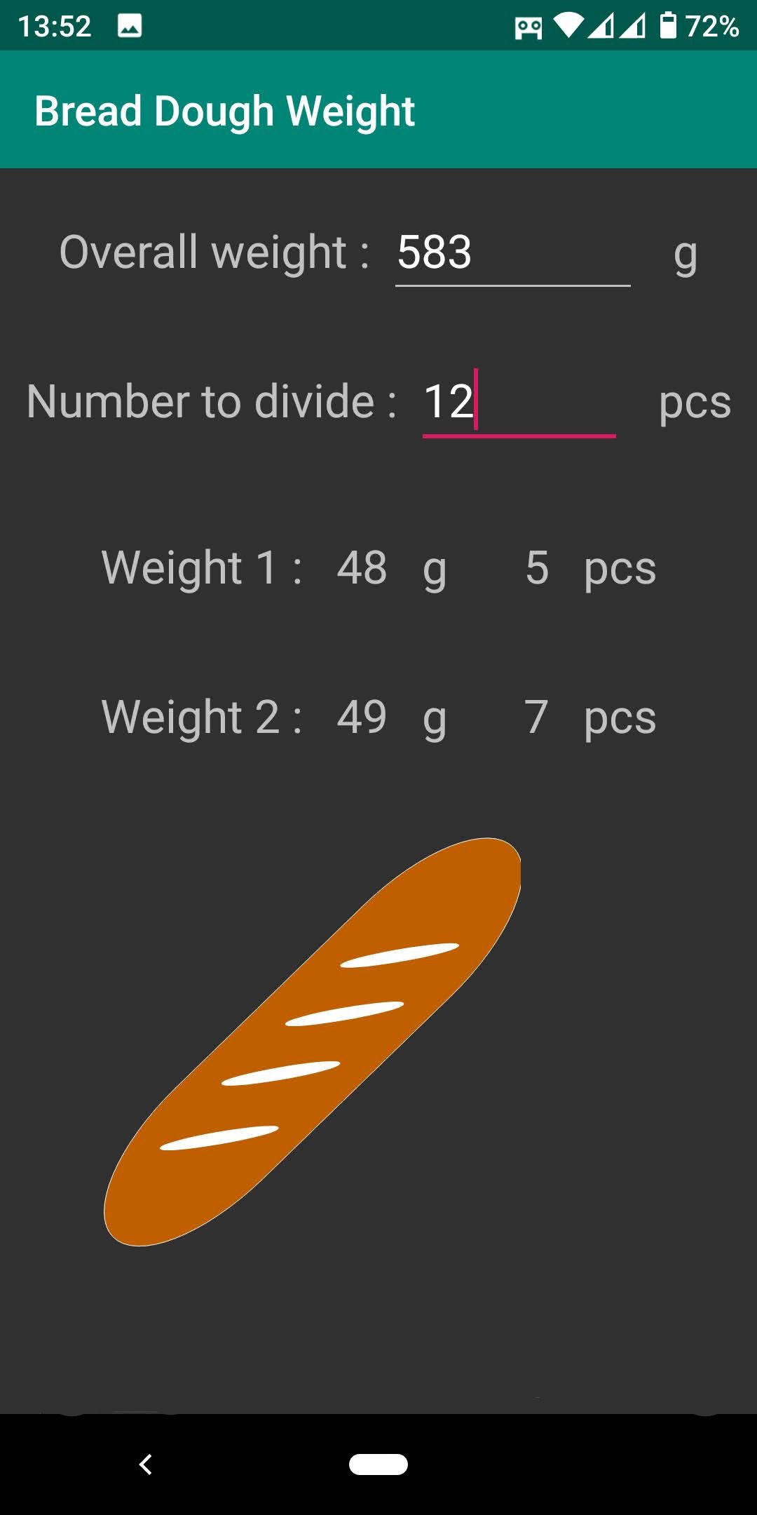Bread dough weight calculation, description, vertical